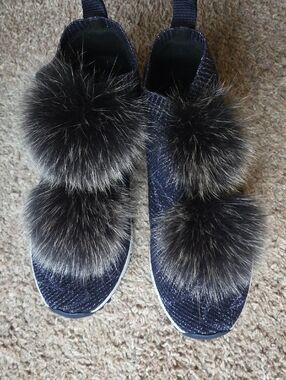 Jimmy Choo Navy Glitter Slip-On Sneakers with Black Pom Poms